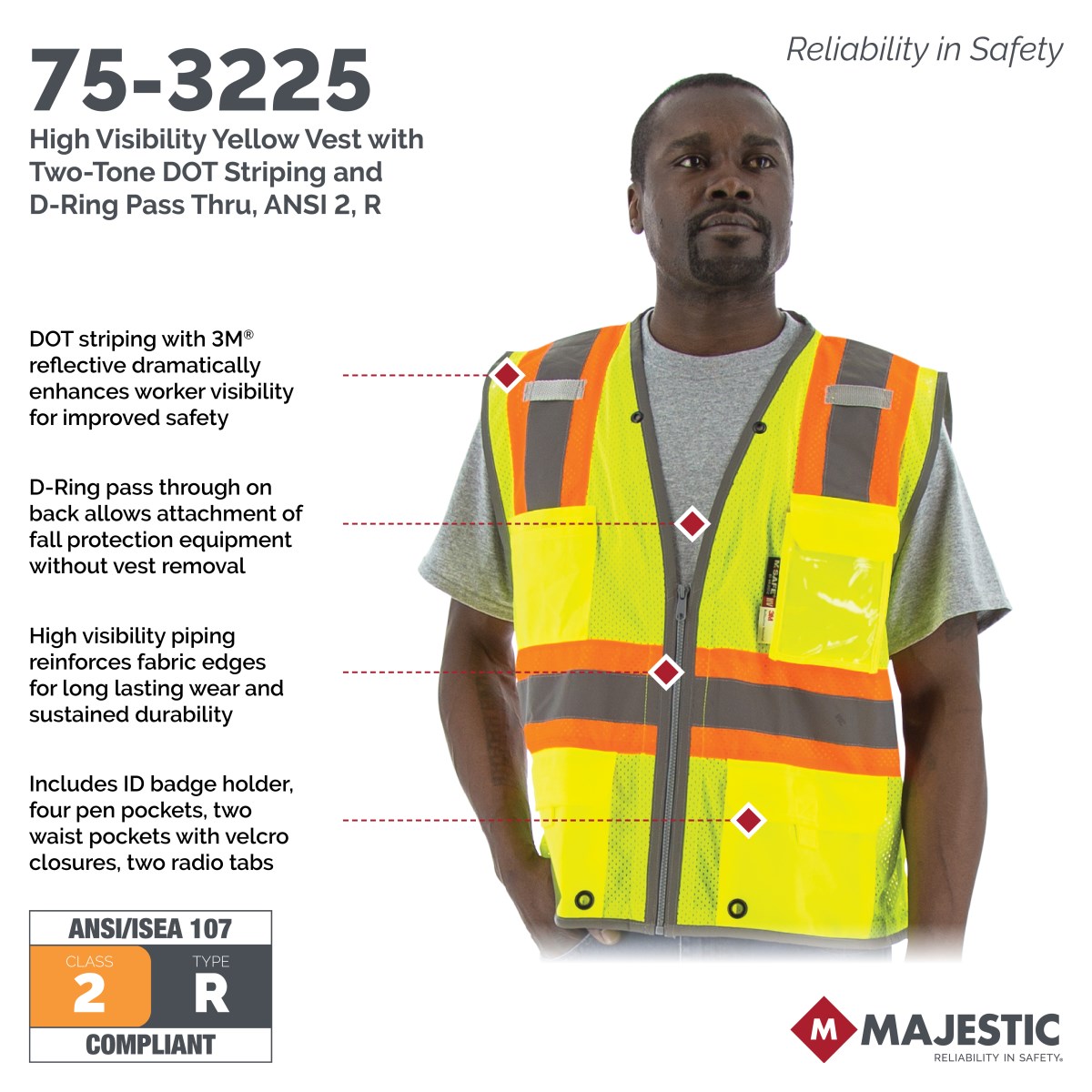 High Visibility Vest with Two-Tone DOT Striping and D-Ring Pass